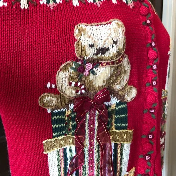 Vintage Tiara Petites Size PM Red Cardigan Sweater 2000 Teddy Bear Fair Isle - Picture 10 of 13